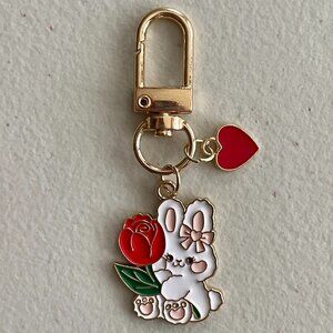 White Rabbit With Red Flower Keychain Purse Charm